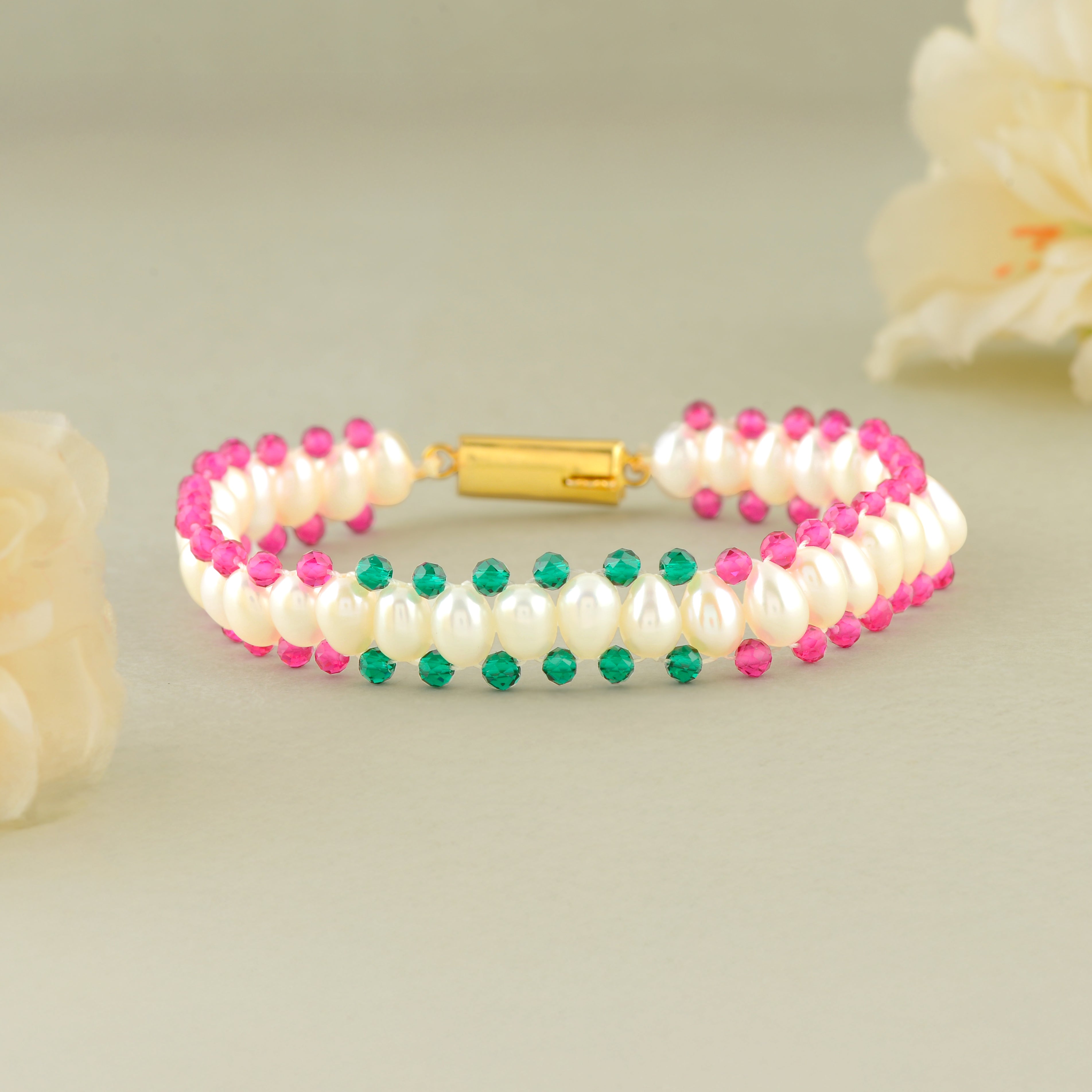 Triple Layer Pearl Bracelet with Pink & Green Accents - Gold Clip